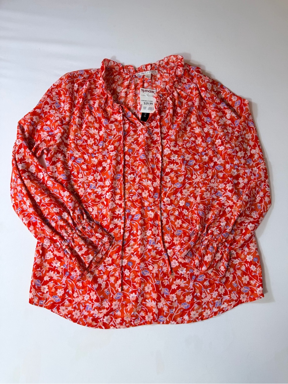 Violet & Claire Large Floral Tunic Blouse Bell Sleeve Orange Blue Boho Pullover